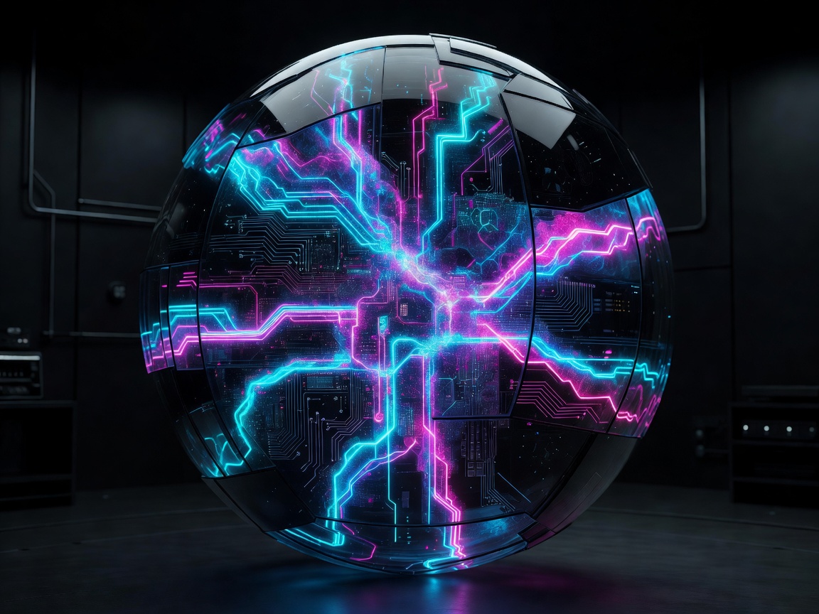 Fictional artificial intelligence core made of neon circuitry and dark glass