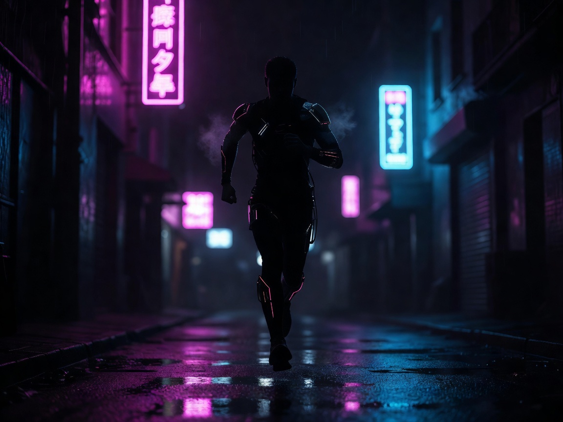Anonymous augmented street runner silhouette under magenta and cyan signs