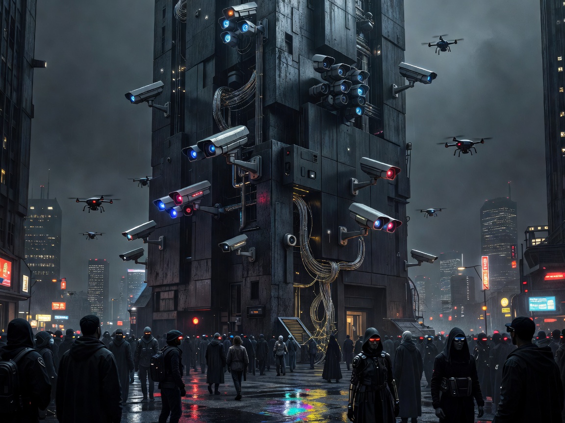 Cyberpunk corporate tower with surveillance cameras, drones and anonymous street crowds