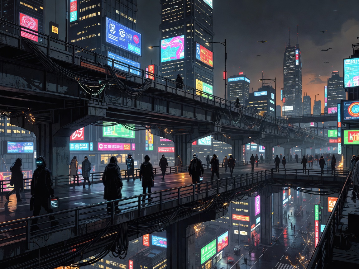 Cyberpunk anime-inspired city overpass with anonymous figures and glowing signs