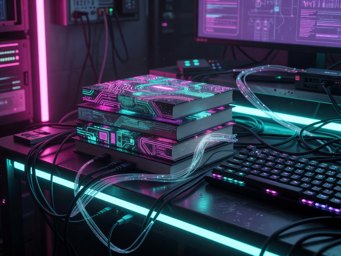 Stack of cyberpunk books on a neon-lit desk with cables and a keyboard