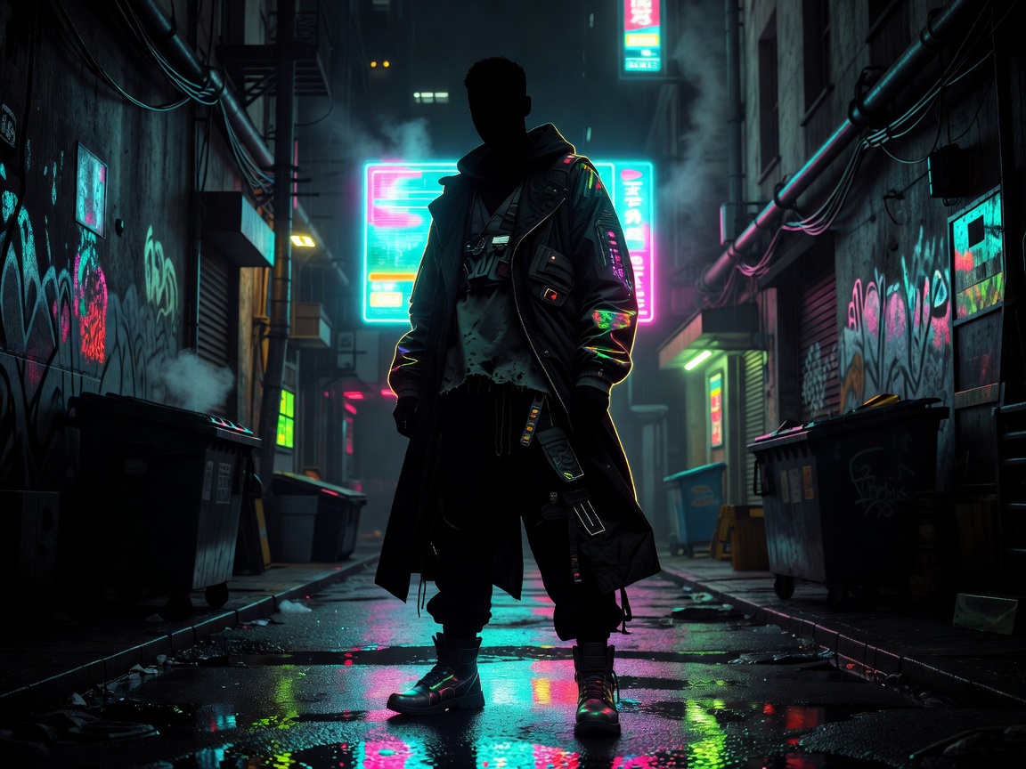 Anonymous cyberpunk fashion silhouette in layered clothing under neon alley lights