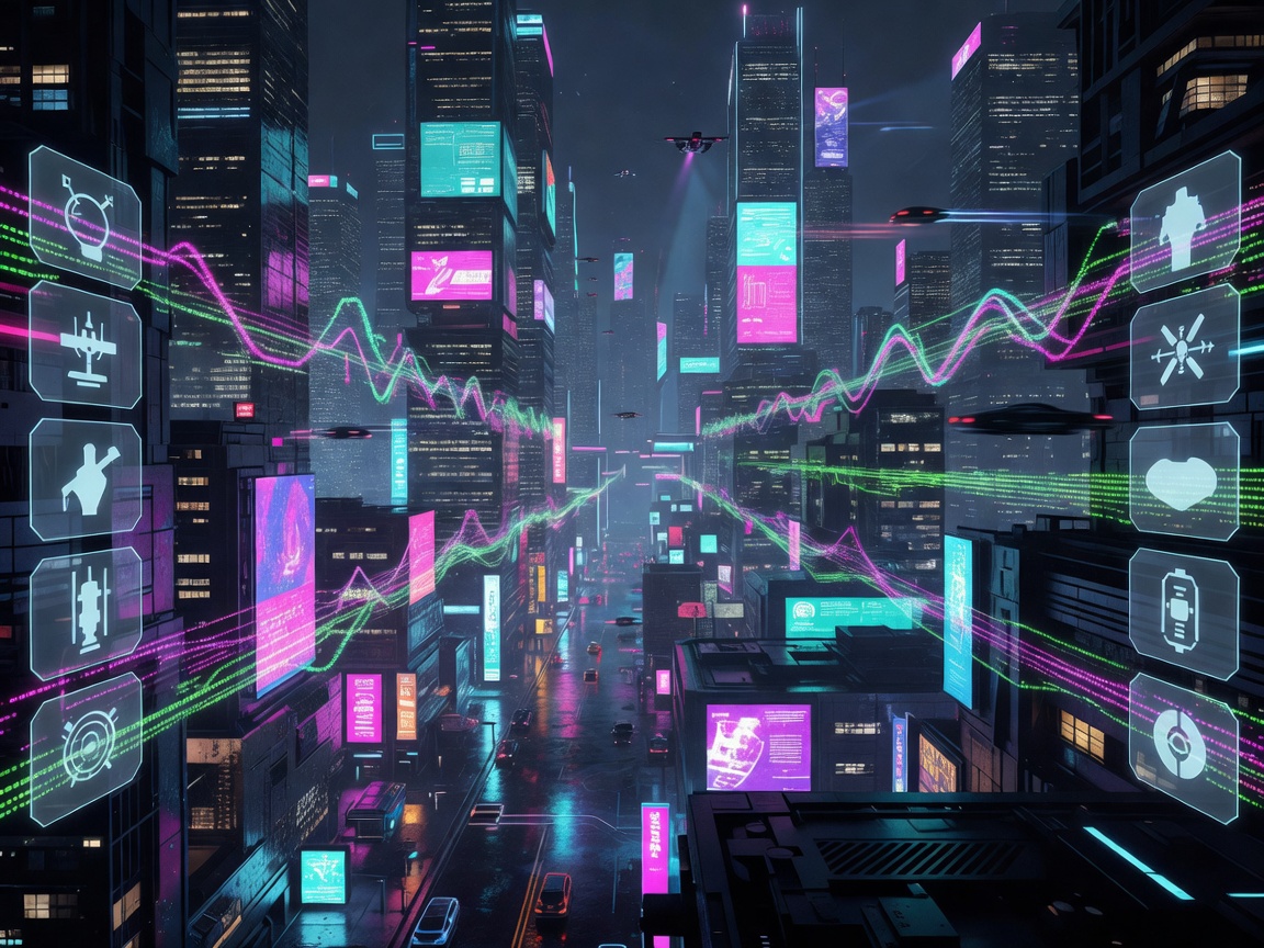 Cyberpunk game interface over a dense neon city with inventory panels and signal lines