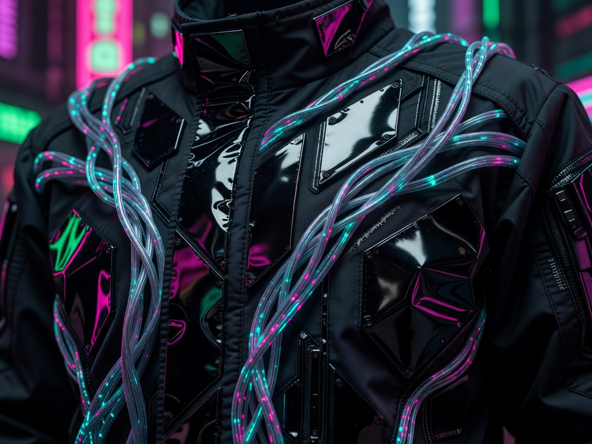Close detail of fictional cyberpunk jacket with reflective panels and cable-like seams