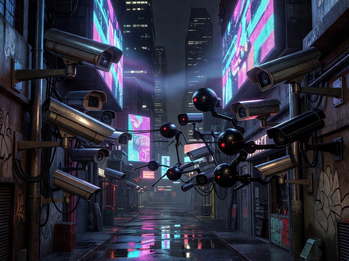 Cyberpunk street with layered surveillance cameras and glowing public screens