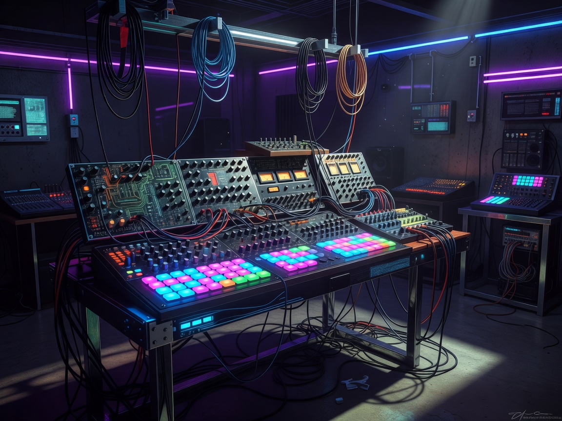 Cyberpunk synth music studio with glowing pads, cables and anonymous hands absent