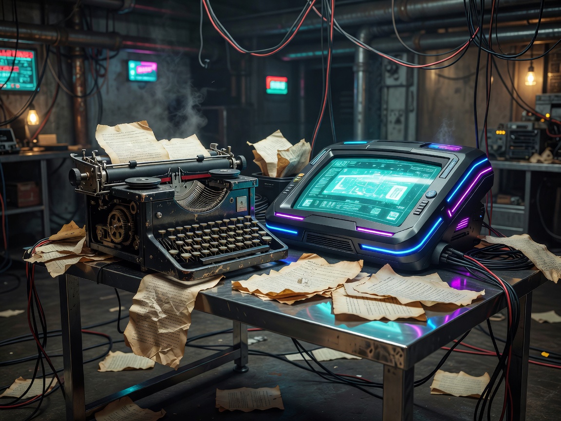 Old typewriter beside a glowing cyberpunk terminal and loose manuscript pages