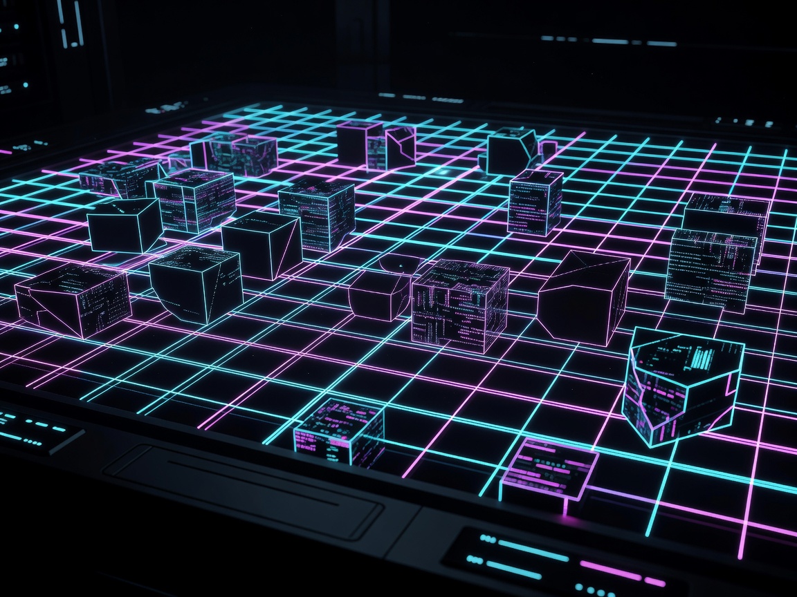 Fictional hacking terminal with neon grid lines and encrypted blocks