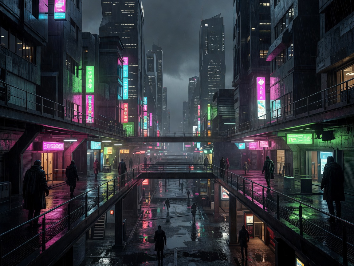 Neon cyberpunk city street with rain, elevated walkways and anonymous silhouettes