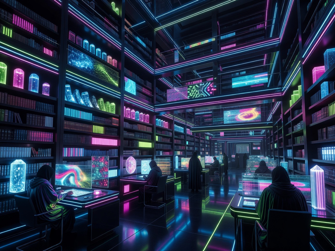 Futuristic neon library shelves with anonymous readers and data screens