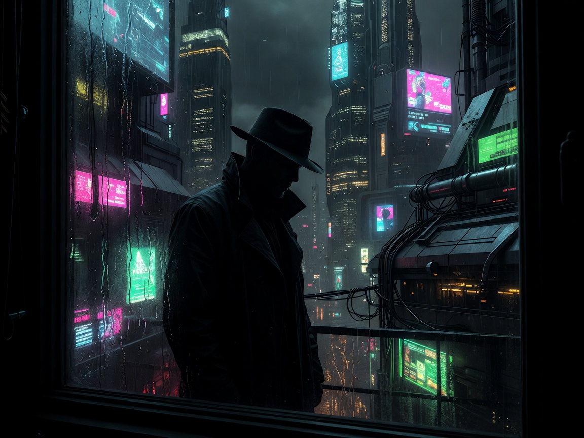 Anonymous figure reflected in a rain-streaked cyberpunk window
