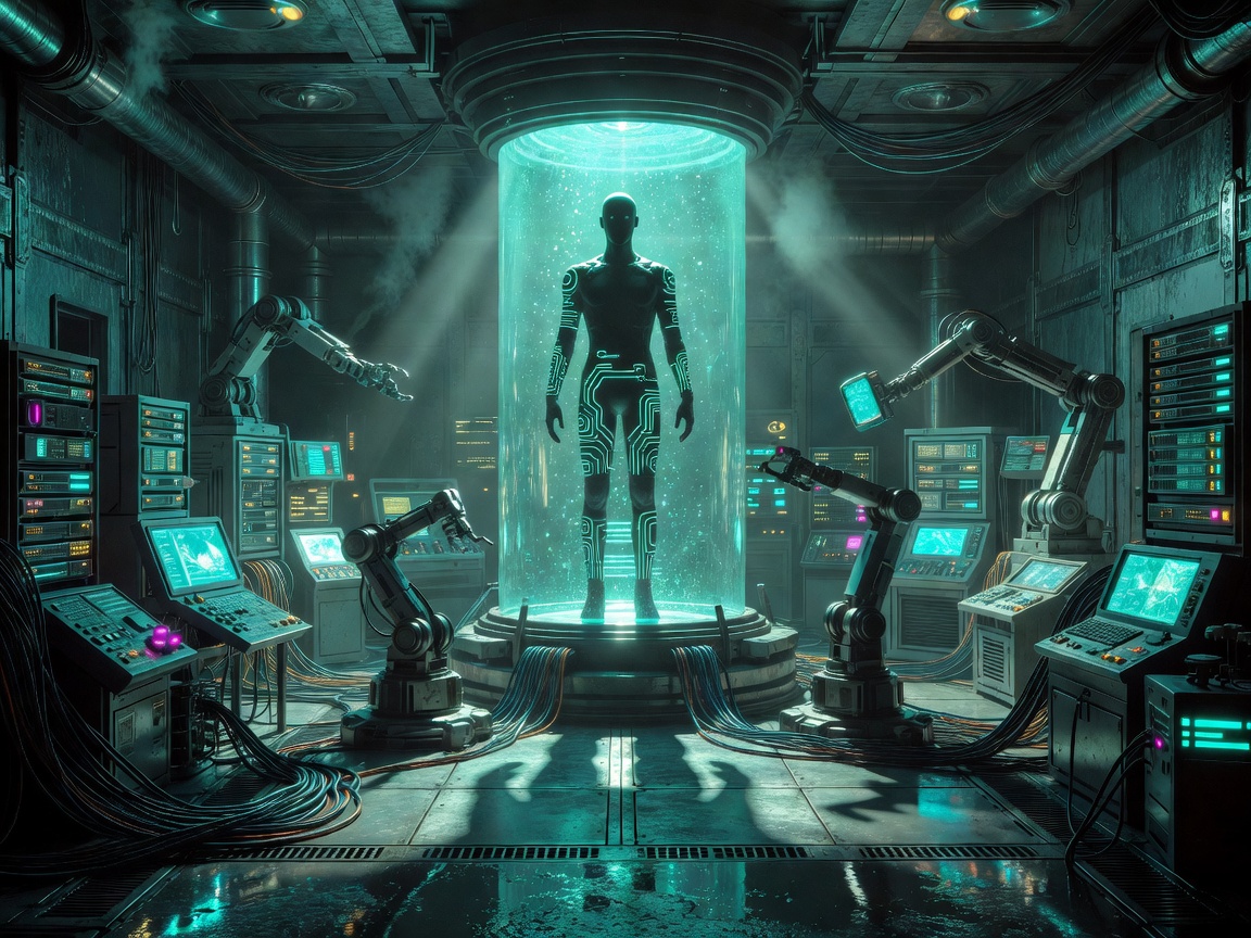 Synthetic body silhouette in a fictional cyberpunk laboratory with cyan light